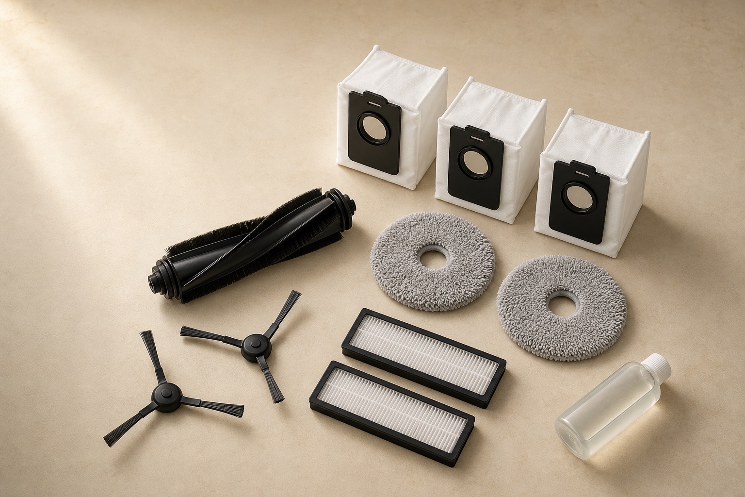Robot vacuum main brush, side brushes, filters, mop pads, dust bags and cleaning solution