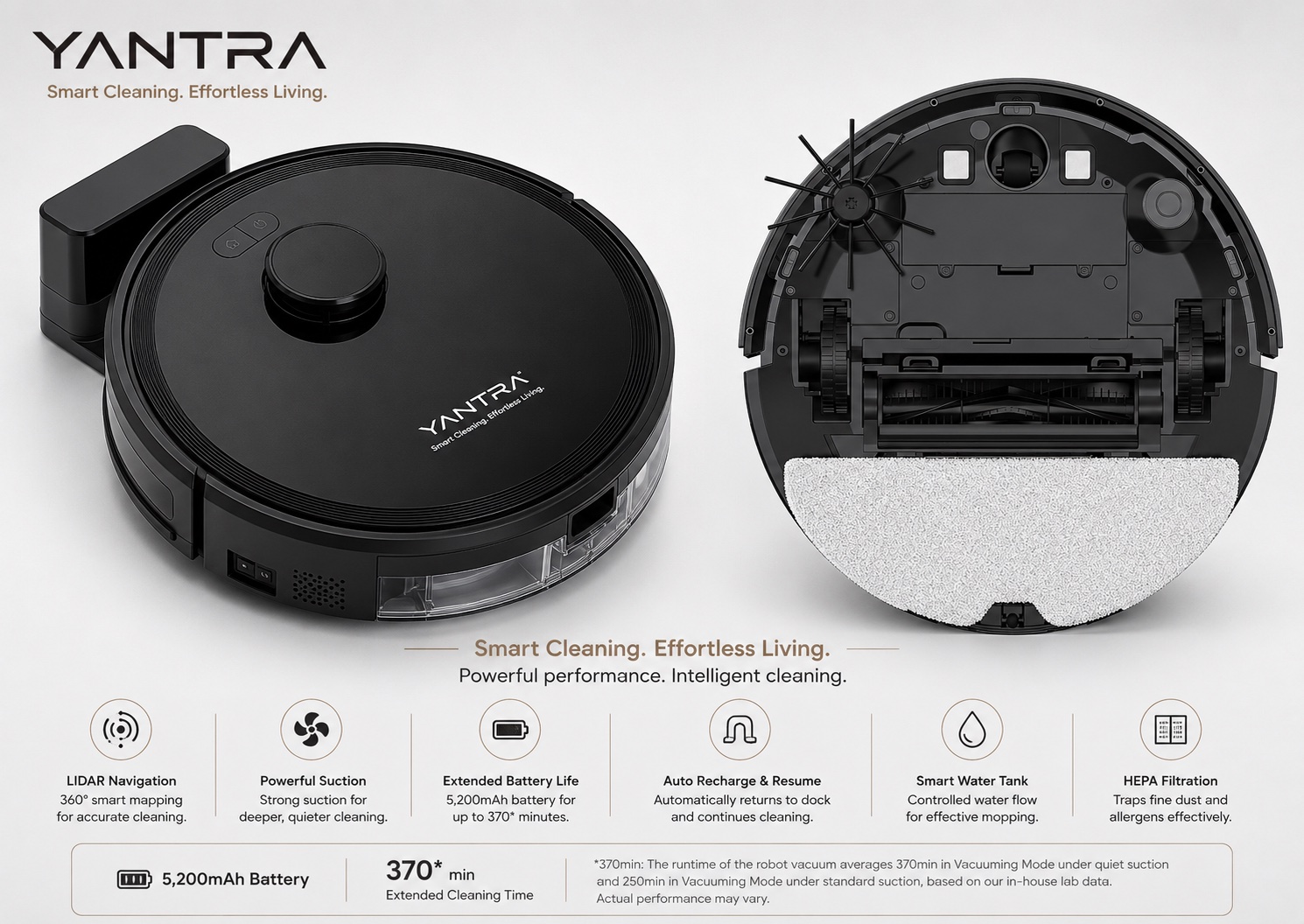 Yantra Lite robotic vacuum shown from the top and underside