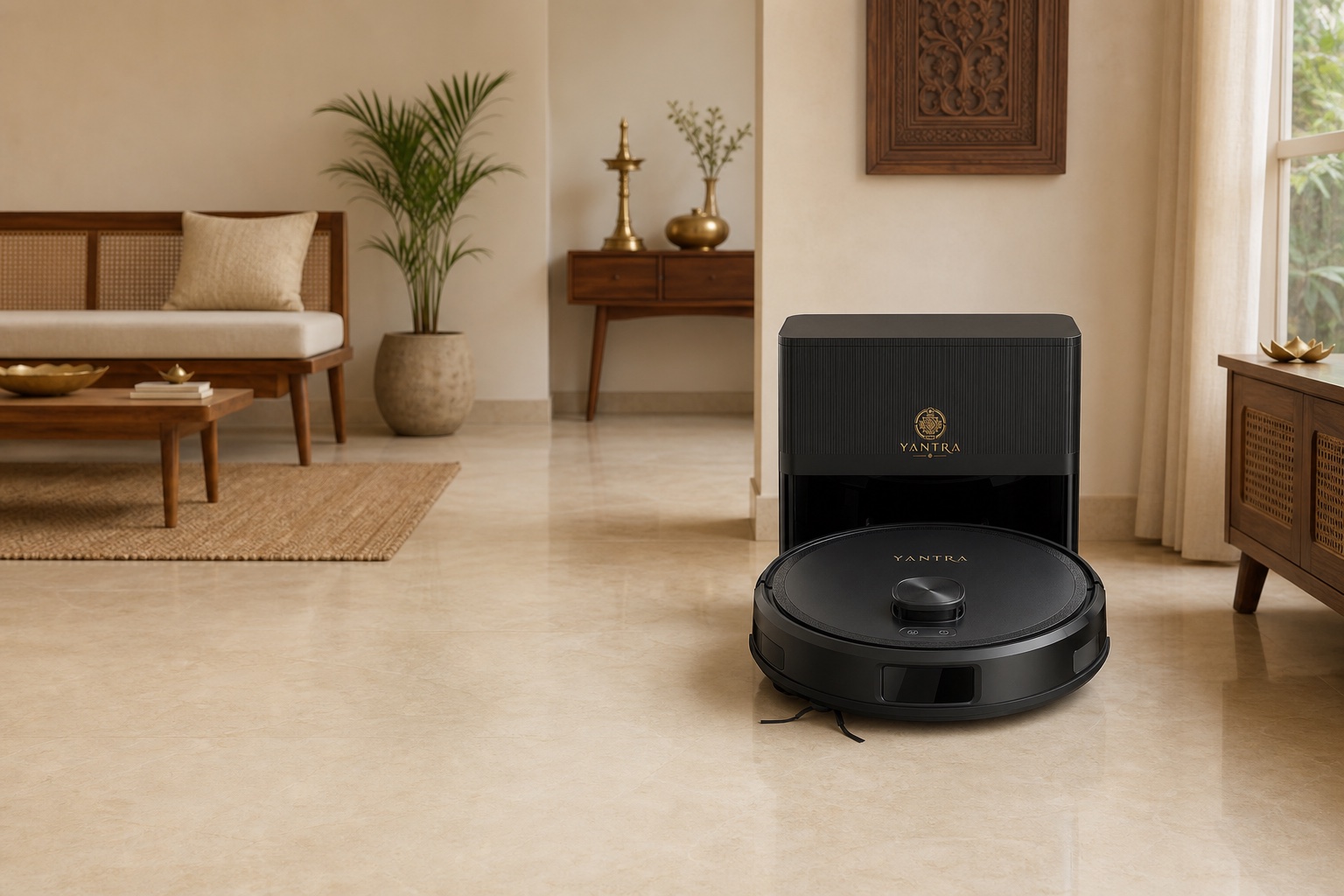 Yantra R5A robot vacuum and self-empty station in an Indian home