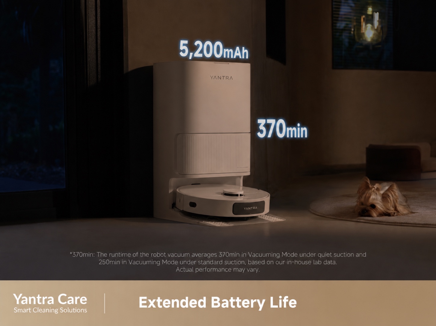 Yantra R7 Ultra at night showing a 5,200 mAh battery and up to 370 minutes runtime